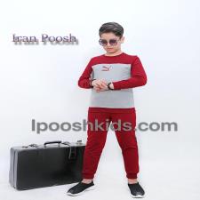 بلوز و شلوار پسرانه آستین بلند قرمز و طوسی طرح پوما